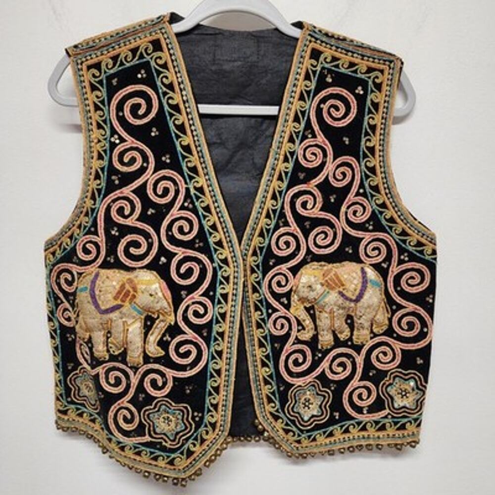 Vintage Carol Horn Workshop Elephant Vest Size L Embellished Sequin Boho Artsy